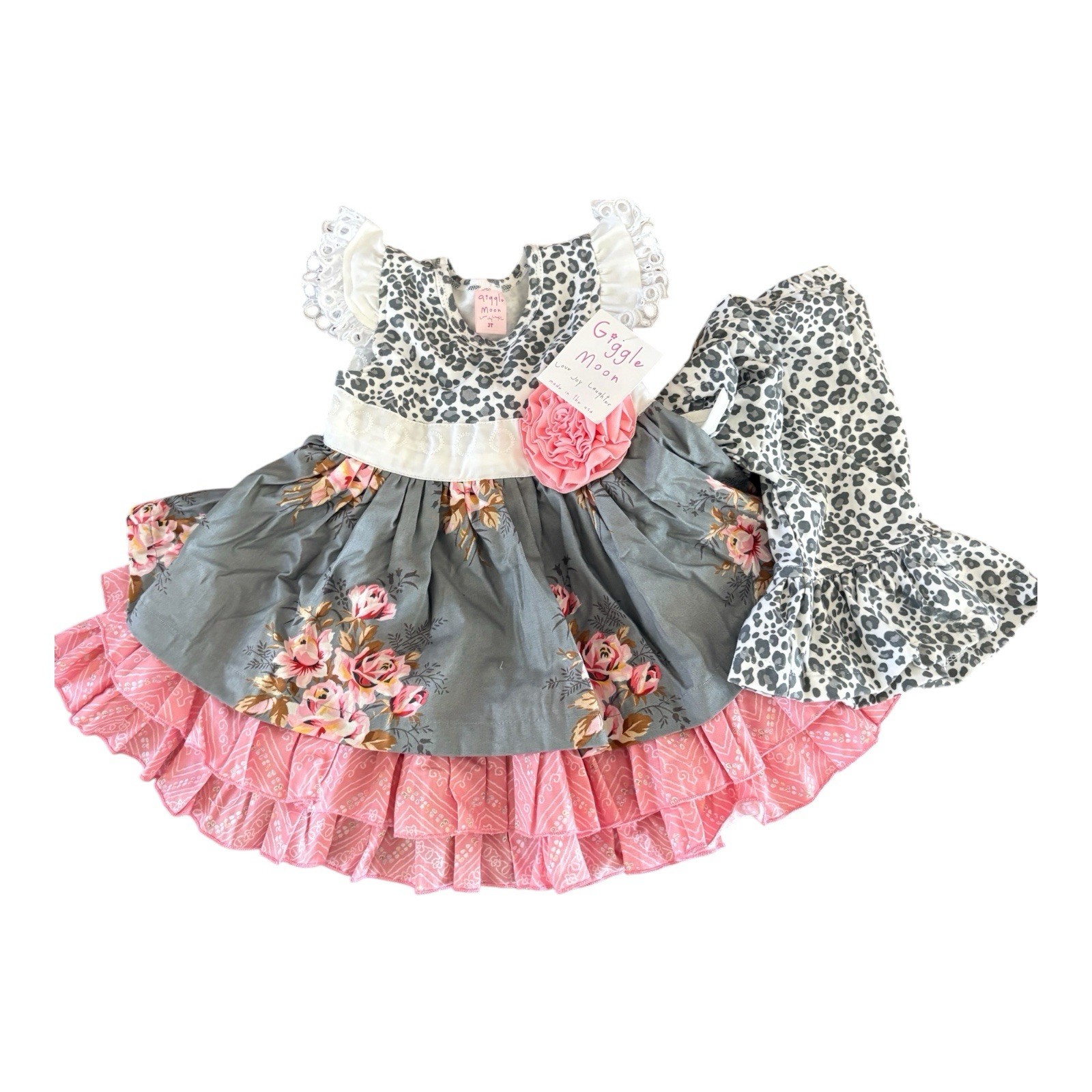 NWT Giggle Moon Dress & Pants Girl Size 3T Toddler Pink Gray Ruffle Floral Zebra