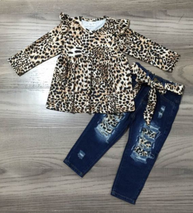 NEW Boutique Leopard Shirt & Denim Jeans Girls Outfit Set