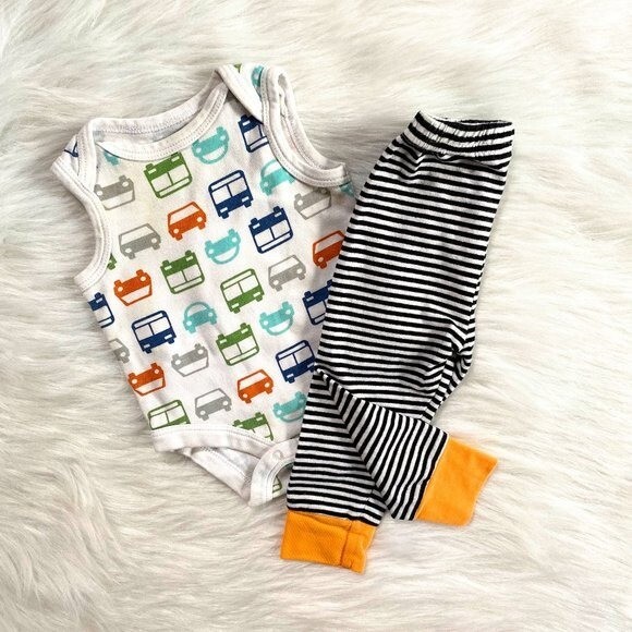 Offspring Sz 3 Months Infant Outfit Vehicles Car Bus Print Bodysuit Play Pant