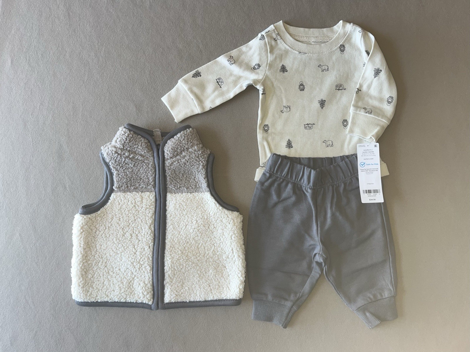 Carter’s Baby Boys Newborn THREE Piece Set-Bodysuit, Pants & Vest, New With Tags