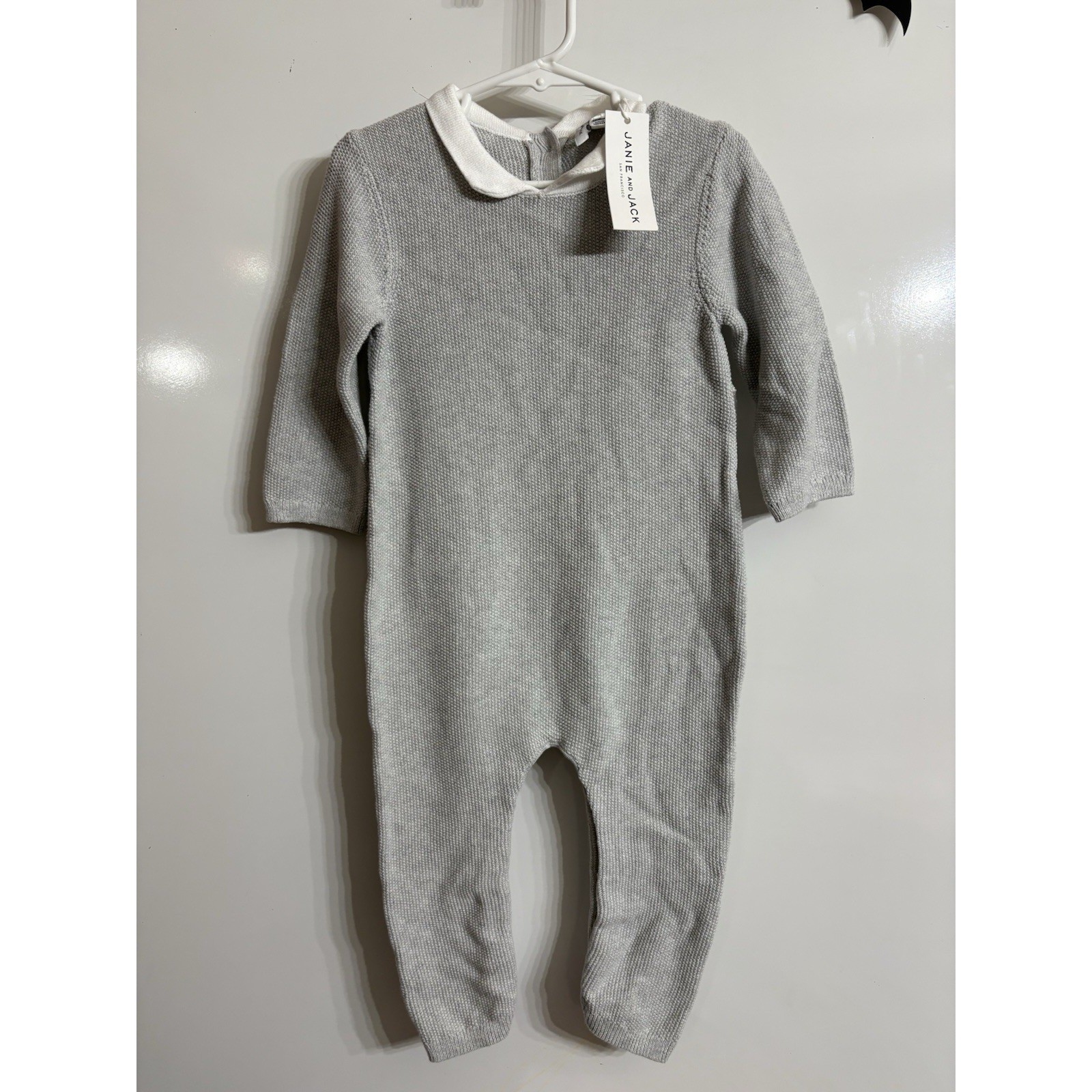 Jane and Jack Baby Knit Romper Gray White Collar Long Sleeve One-Piece
