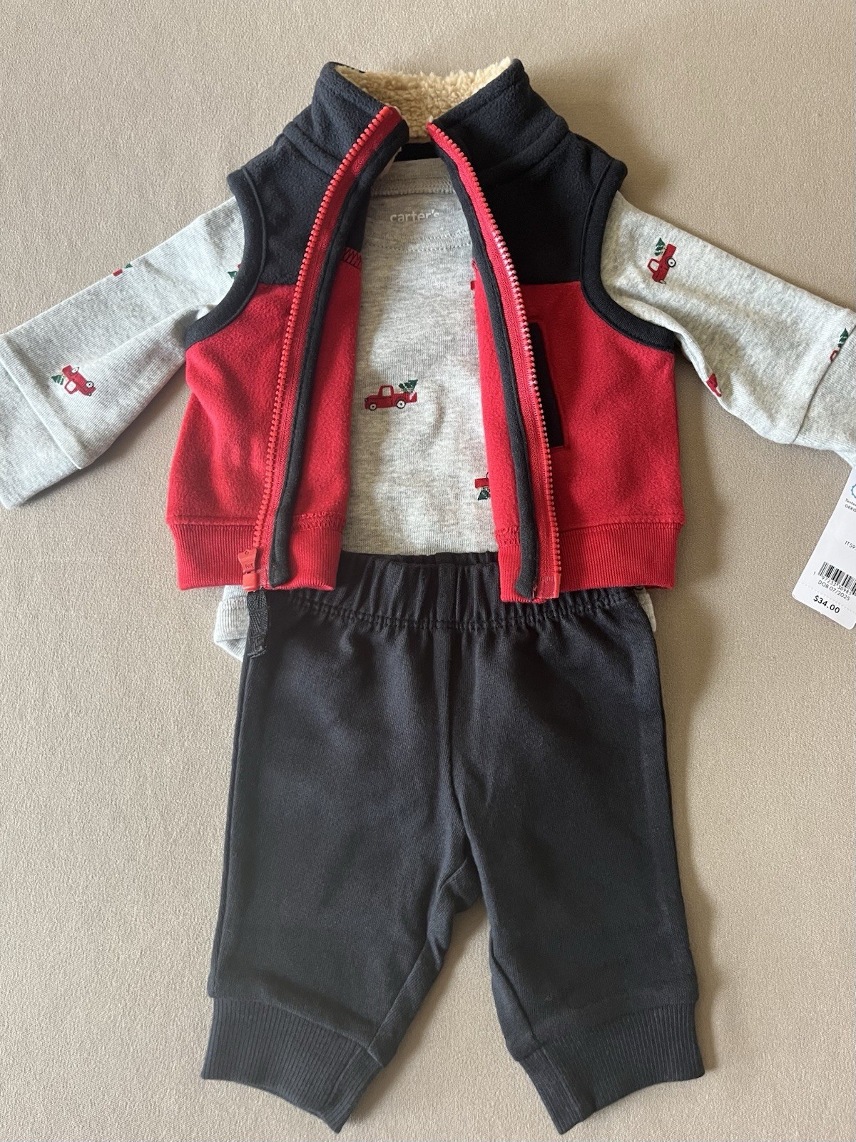 Carter’s Baby Boys Newborn THREE Piece Set-Bodysuit, Pants & Vest, New With Tags