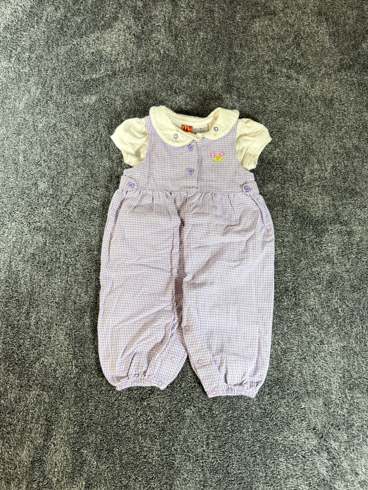 Vintage 90’s Y2K Mckids Jumper Romper Girls Outfit Size 12M Purple Plaid Overall