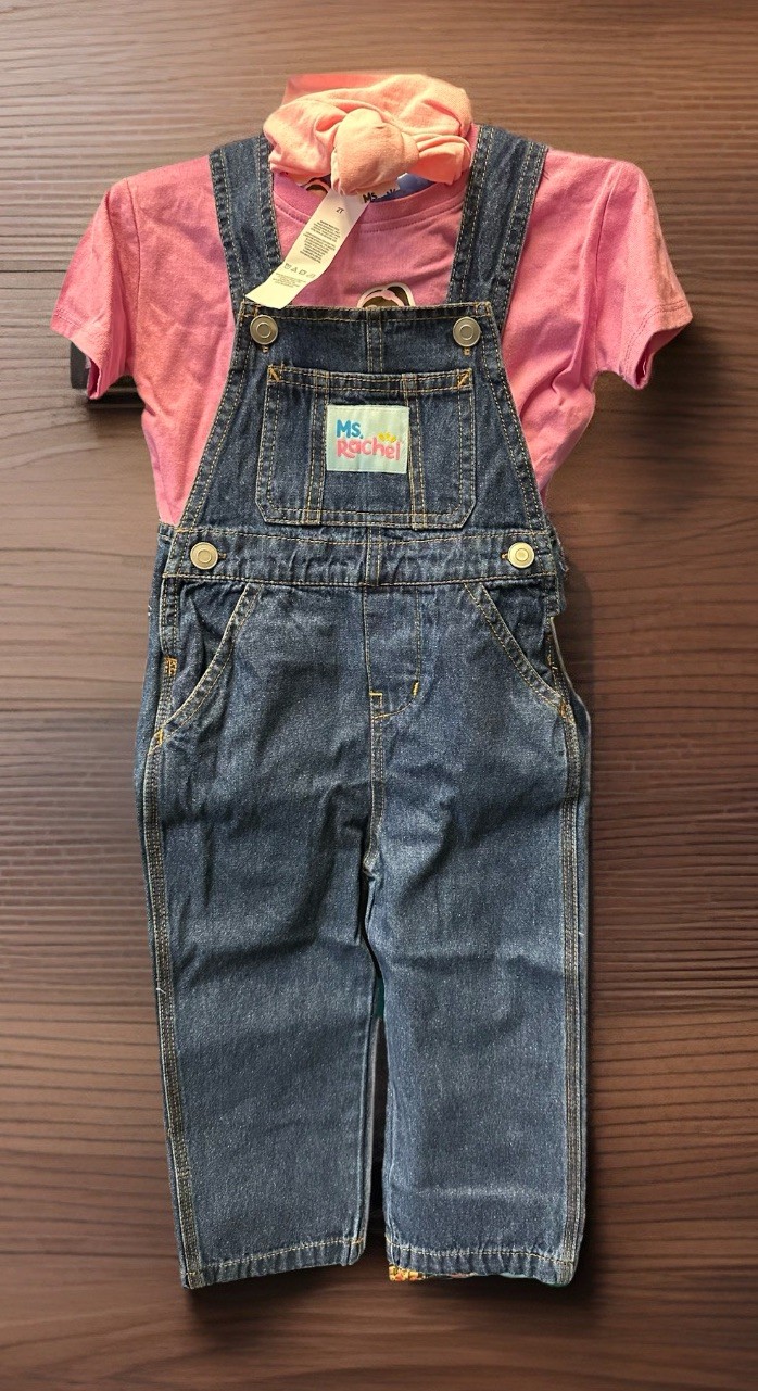 NEW Ms.Rachel Blue Jeans Overalls, Pink Shirt, Headband 3 Pc. Set Toddler Sz 2T