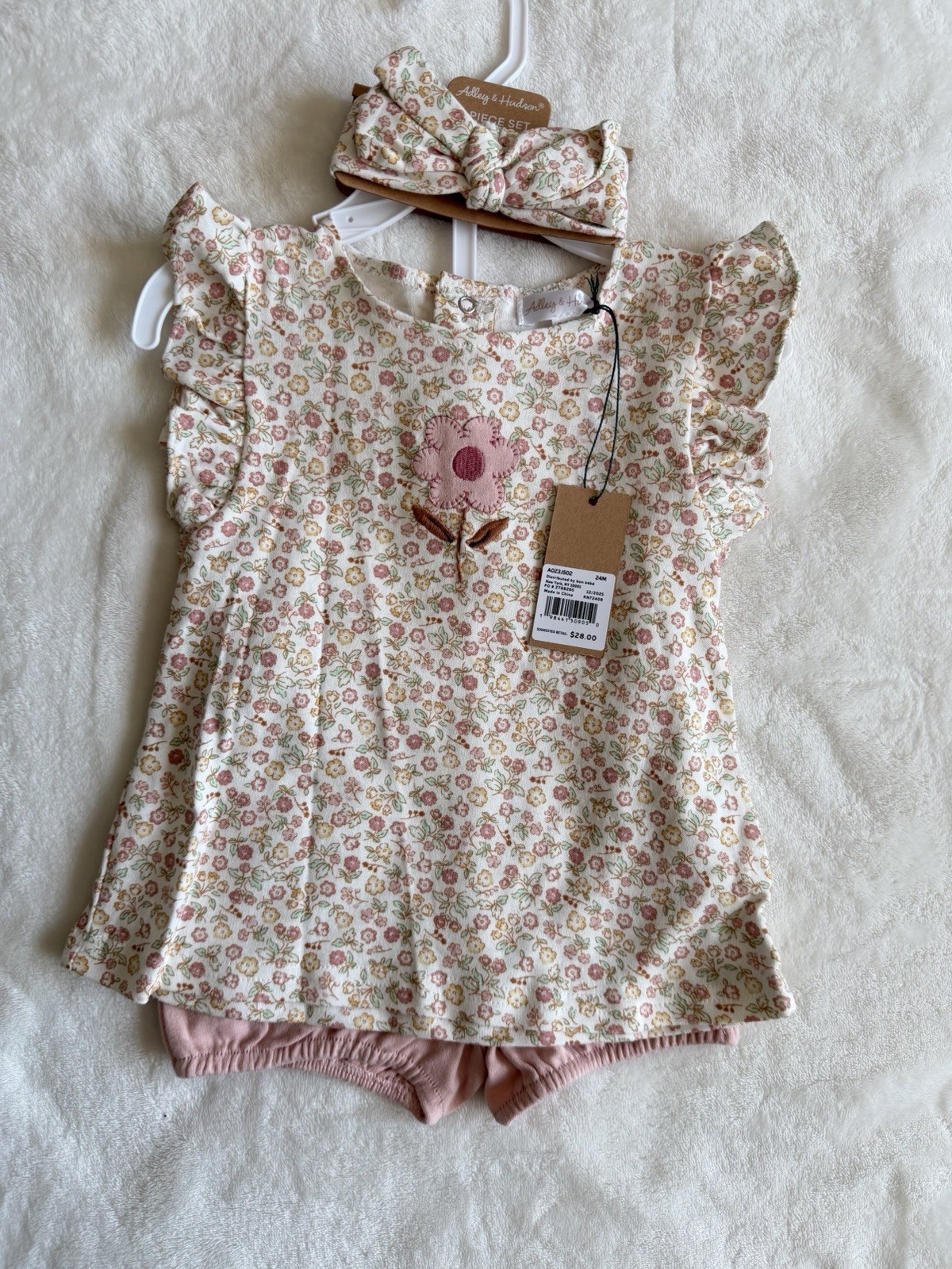 Abbey & Hudson Girls 24M 3-Piece Floral Dress Shorts Headband Set Pink/White