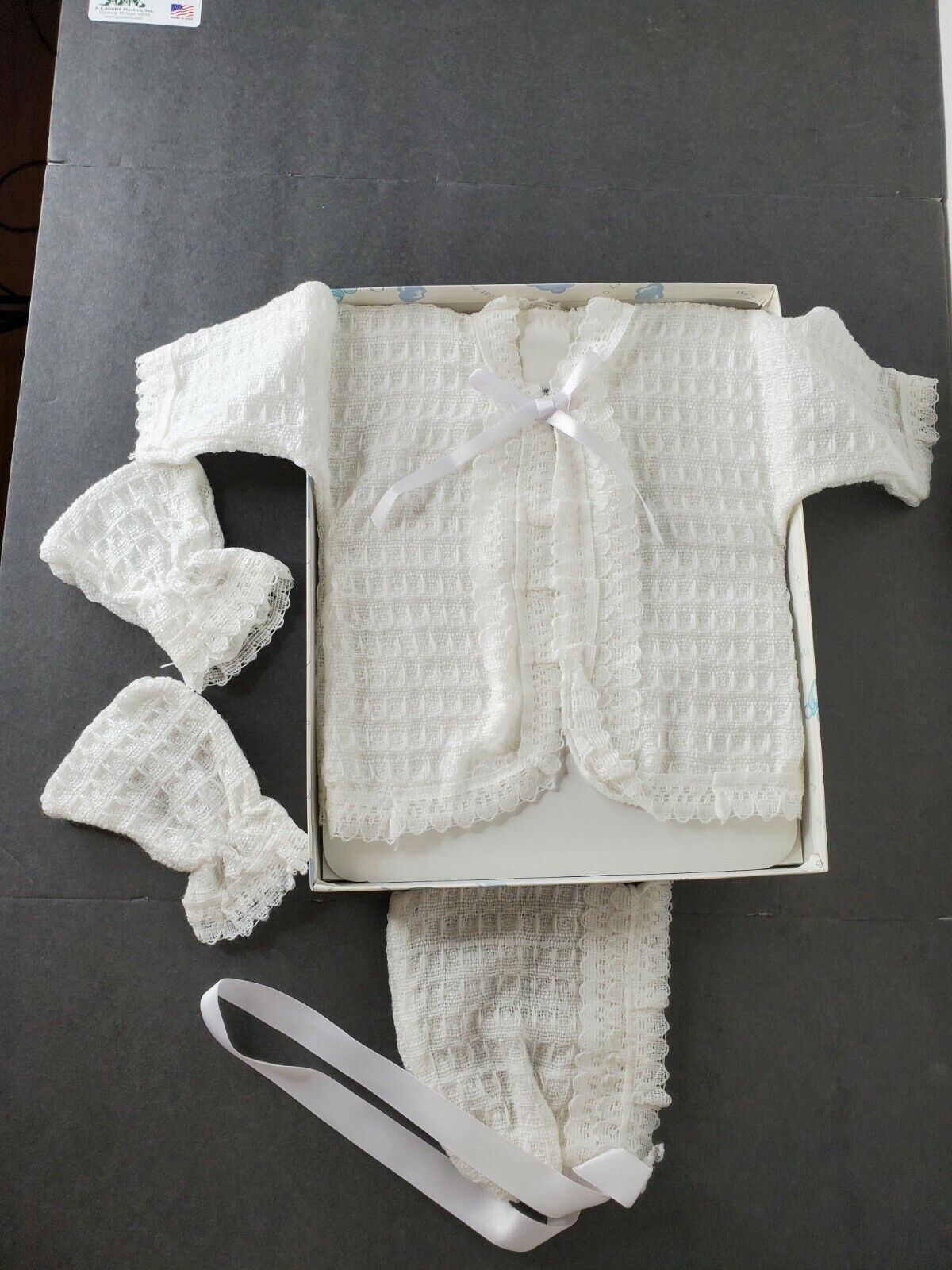 Vintage Magic Years, 0-9 Month white sweater ,bonnet and hand coverings NIB