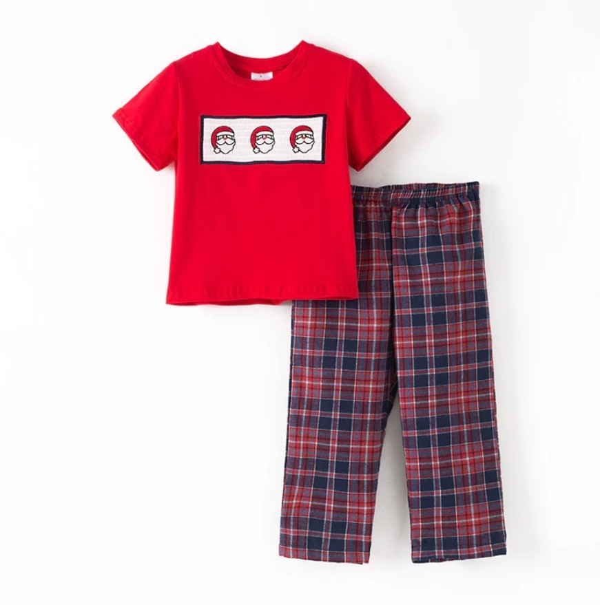 NEW Boutique Christmas Santa Smocked Embroidered Boys Plaid Pants Outfit