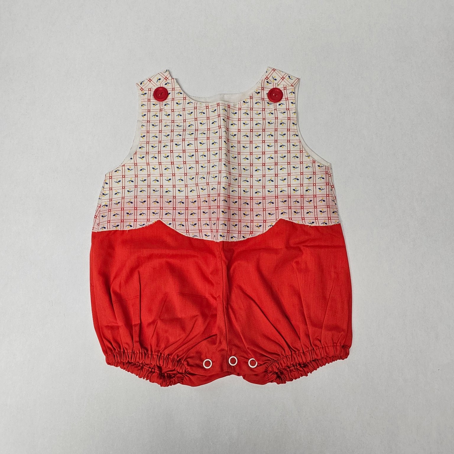 Vintage Baby Bubble Romper 6-12 Months Red White Blue Plaid Bird Snaps Buttons