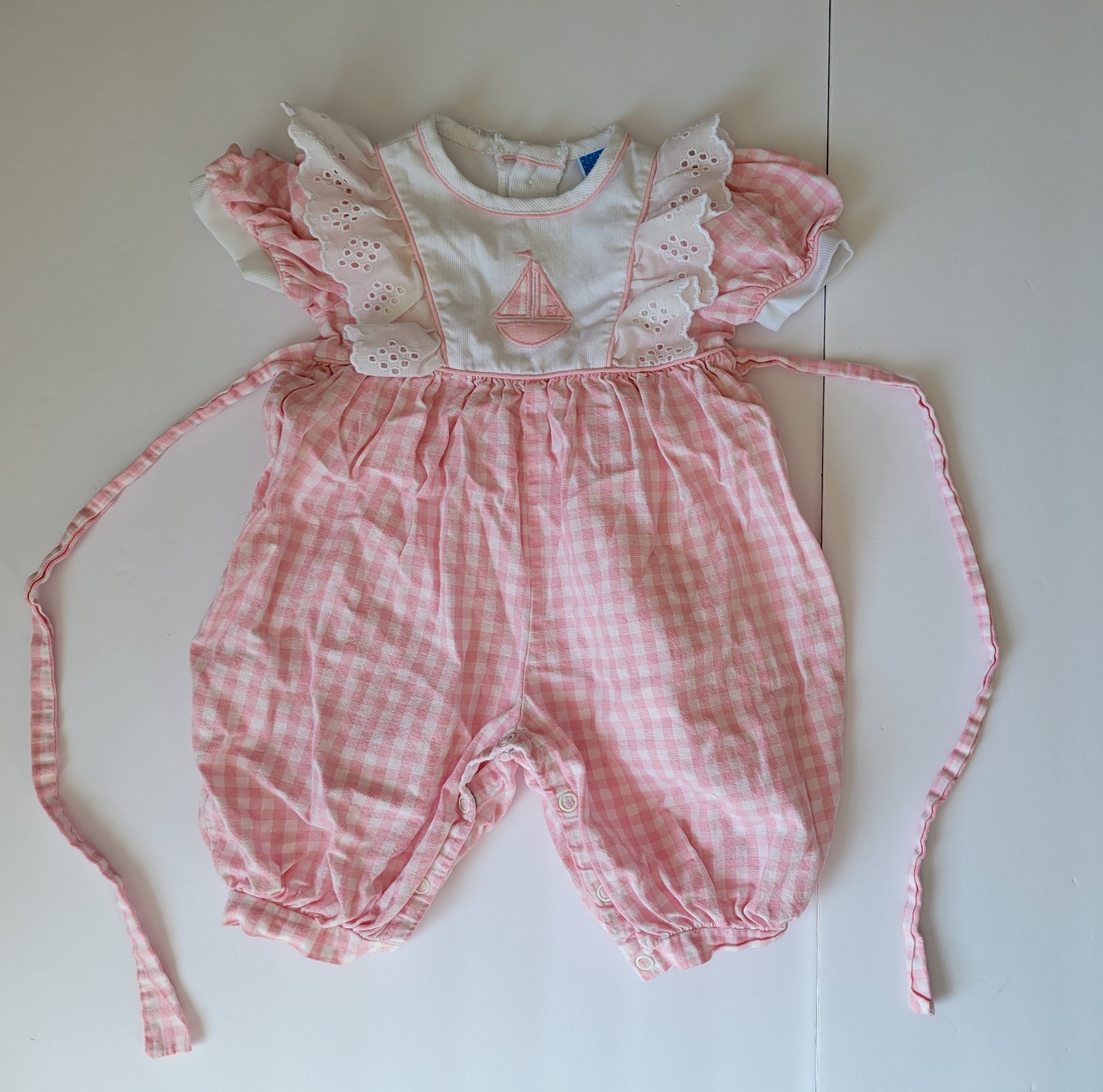 VTG Toddle Tyke 6M Baby Girl Nautical Sailboat Gingham Pink Eyelet Ruffle Outfit