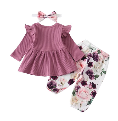 Newborn Baby Girl Purple Set Solid Knitting Long Sleeve Tops Floral Print Pants