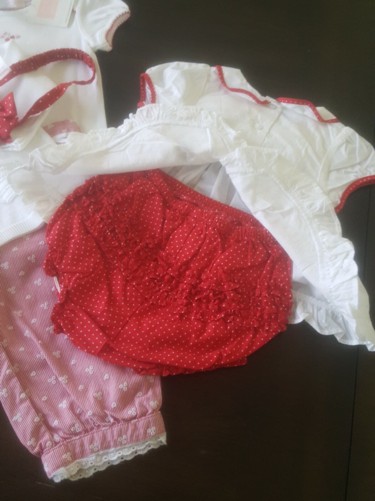 Janie and Jack Layette Cherry Set red polka dots bloomers dress headband cardiga