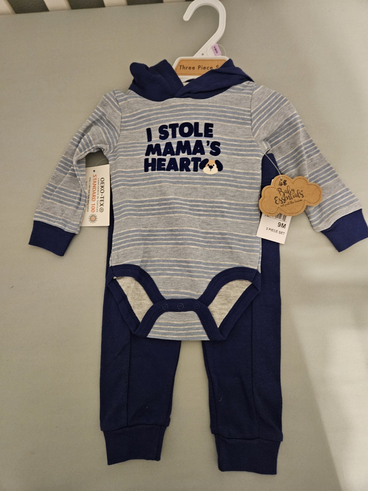 Baby Essentials 9M 3pc Cotton Knit Pants Set Bodysuit Pants Socks Stripe LS