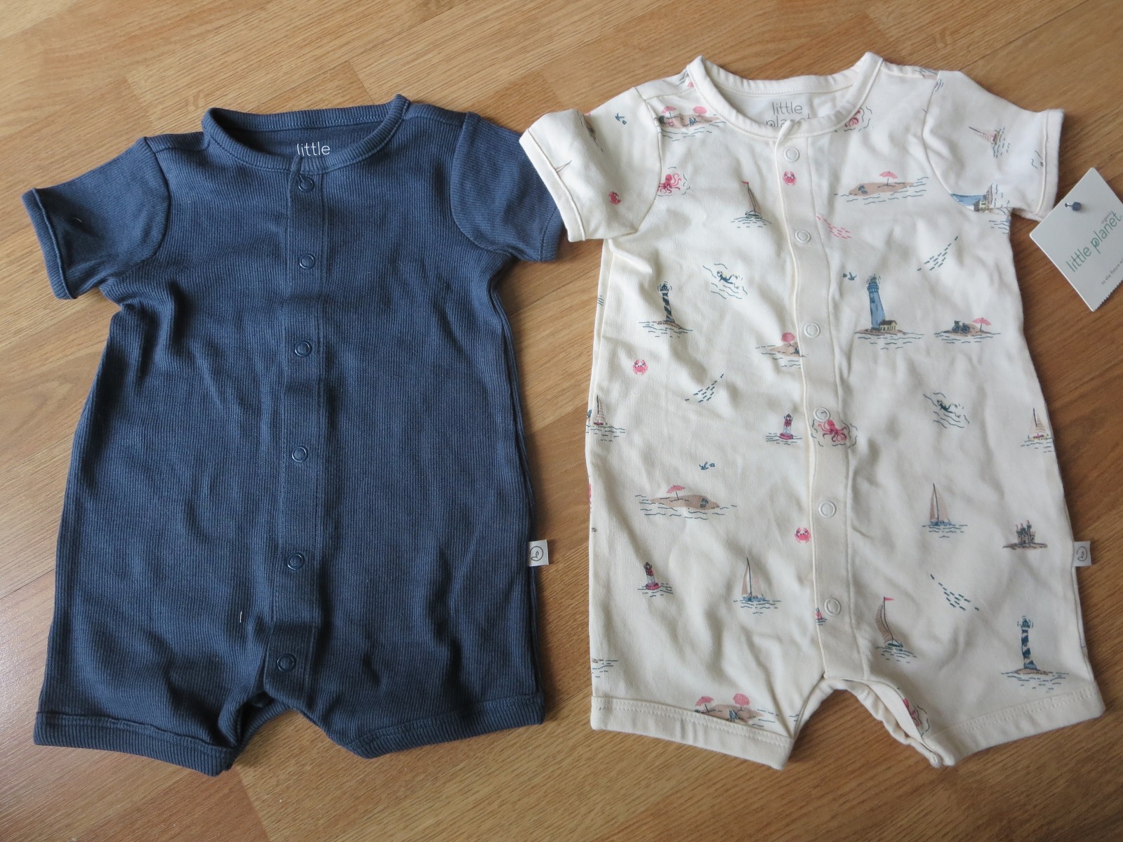 NWT Organic Little Planet 2pc. Shirts Set Snaps Seashore/Solid Blue