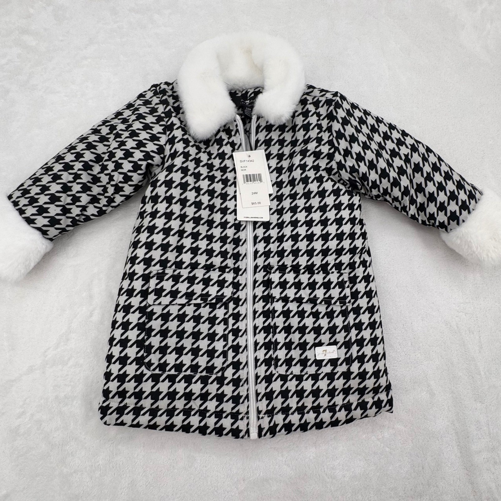 7 For All Mankind Girls Houndstooth Jacket & Top Set NEW Black White Fur 24M 2T