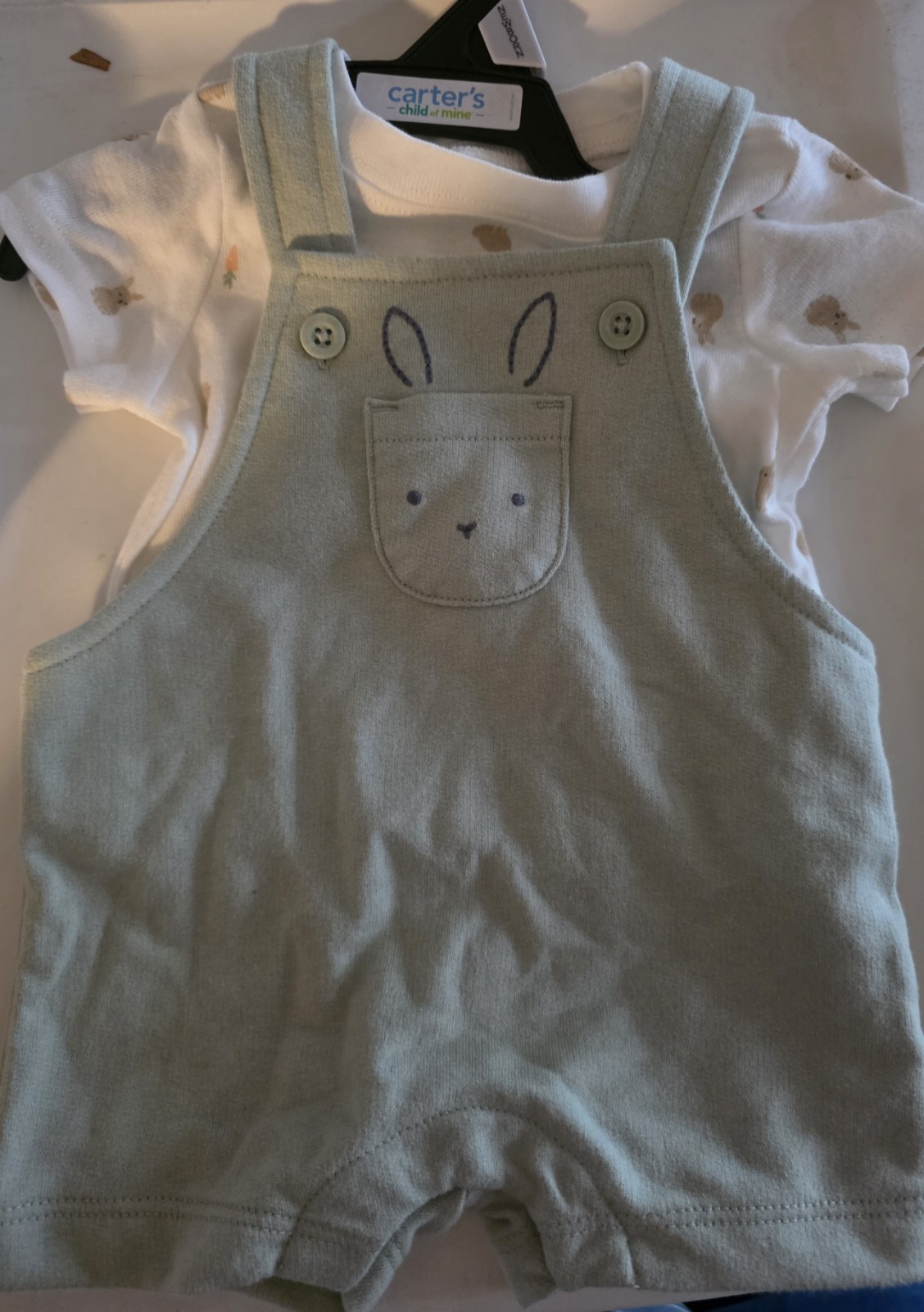 Carter’s Child of Mine Baby Boy 2pc Easter Bunny Shortall Set Green Carrot 0-3M