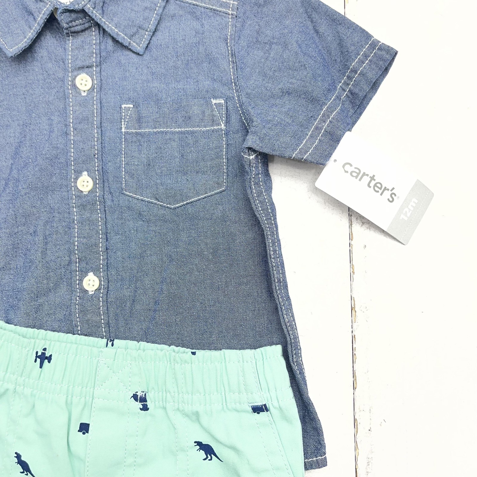 Carter’s Shirt Shorts Set Baby Boys 9-12M Blue Chambray Dino Transport 2 Piece