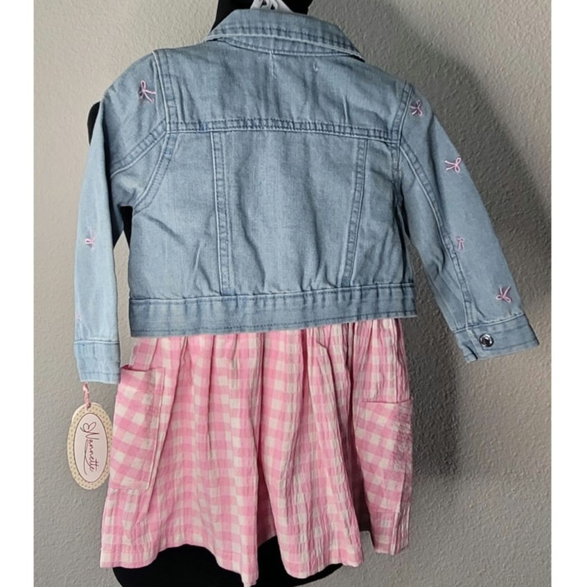 Three-piece Set Light-wash Denim Jacket Embroidered Pink Bows Gingham Dress Bow