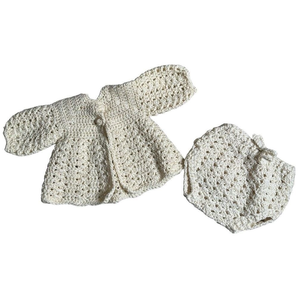 Handmade Crochet Baby Sweater Cardigan Bloomers Set Cream Off White Boho 0-3M