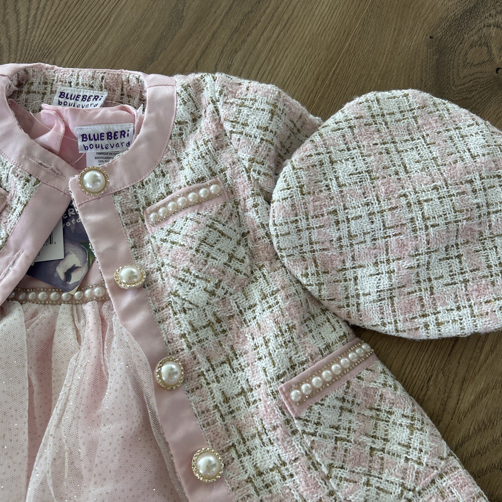 NEW BLUEBERI BOULEVARD Tweed Jacket, Dress & Hat 3-Pc Set Pink Gold Girl’s 12M
