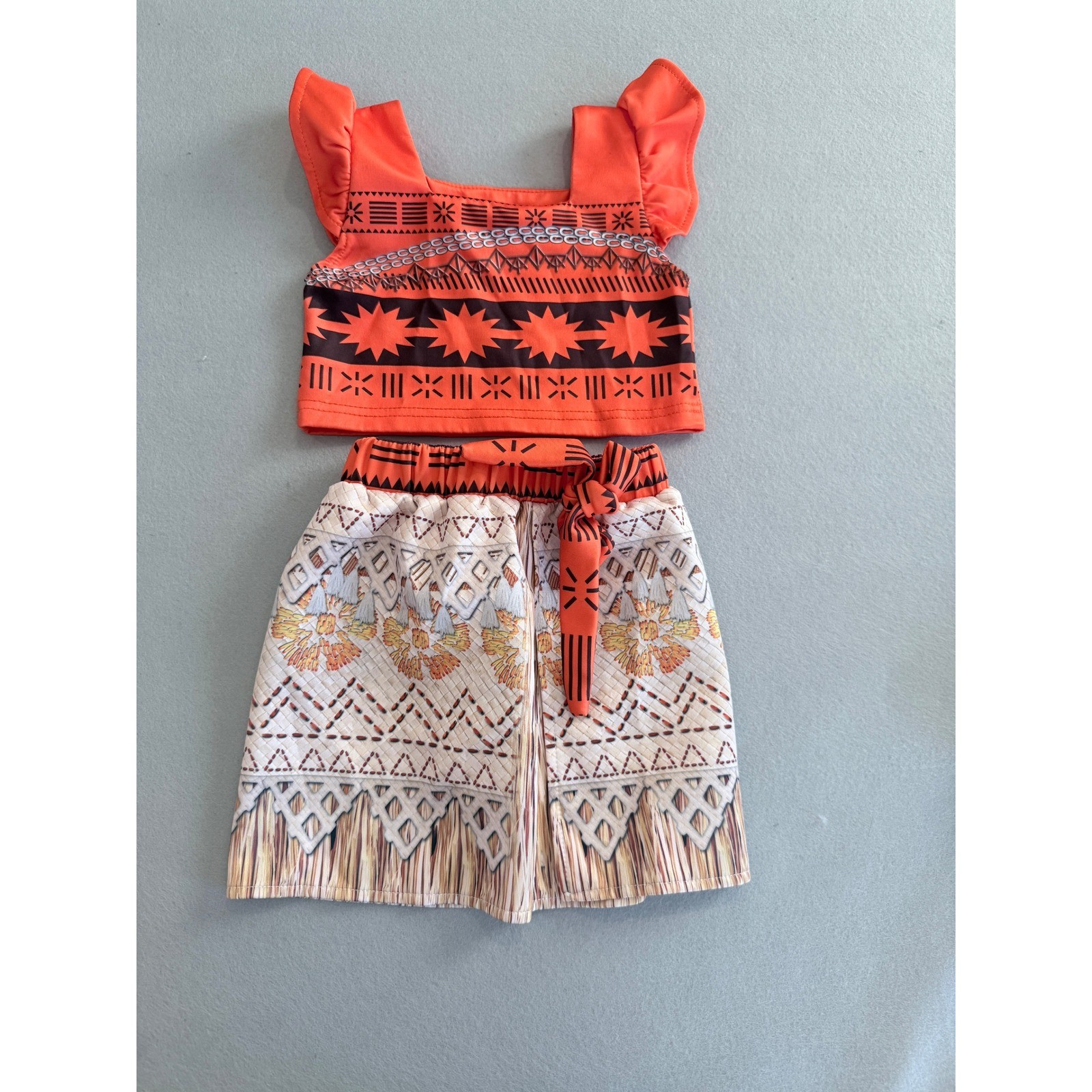 AmzBarley Moana Inspired Tribal Print 2PC Skirt Set Orange Girls 2T