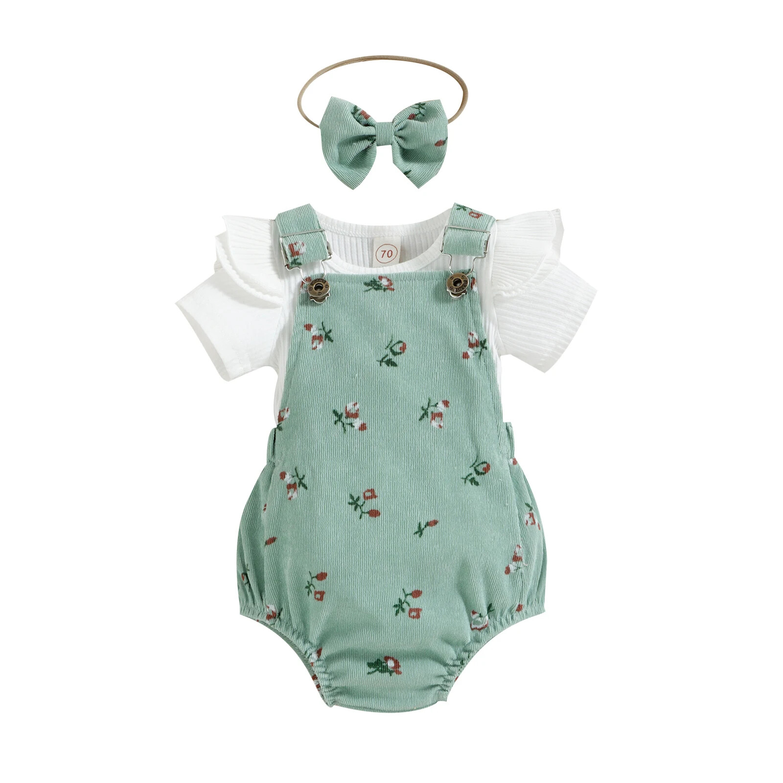 Baby Girl Clothes Round Neck Tops Flower Pattern Suspender Jumpsuit Bow Headband