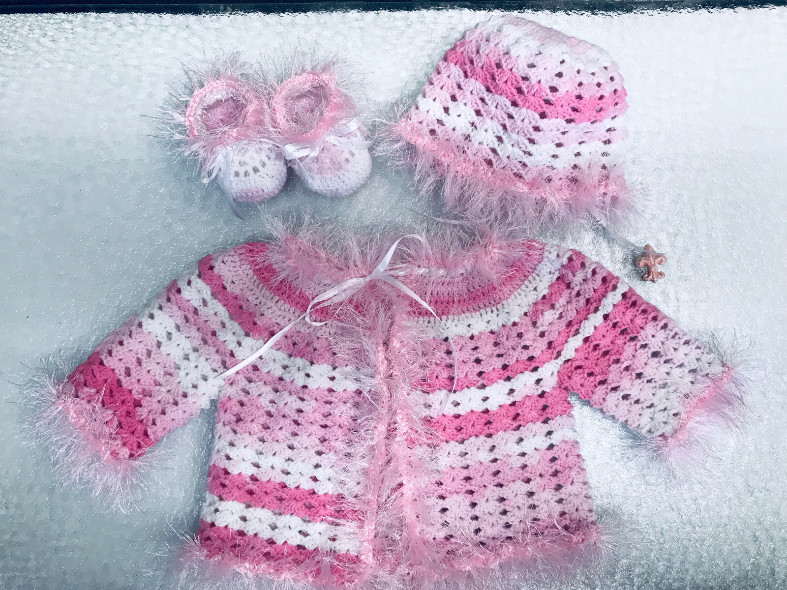 Baby Booties , Jacket & Bonnet Crochet Handmade Newborn 0-12 Month Marbled Pink
