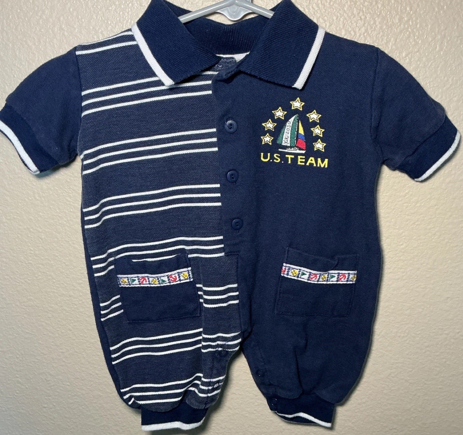 Baby Boy Nautical Romper 6-9M Sailboat Striped Outfit Navy Polo One Piece