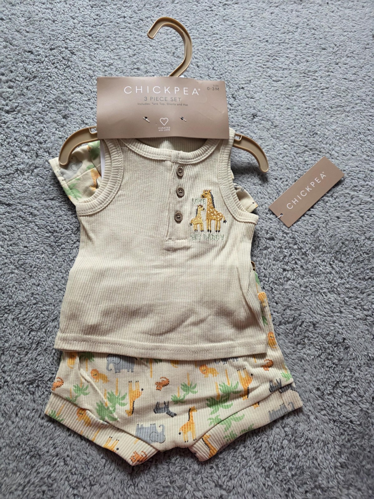 Chickpea Baby Outfit 0-3 Months Boys 3pc Safari Set Tank Shorts Hat Summer