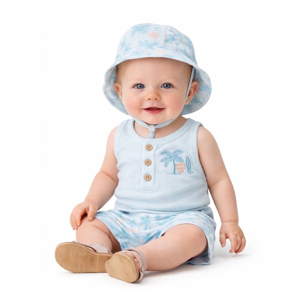 CHICKPEA 3 Piece Palm Tree Tank Shorts Hat Set 3-6M Blue Tropical NWT