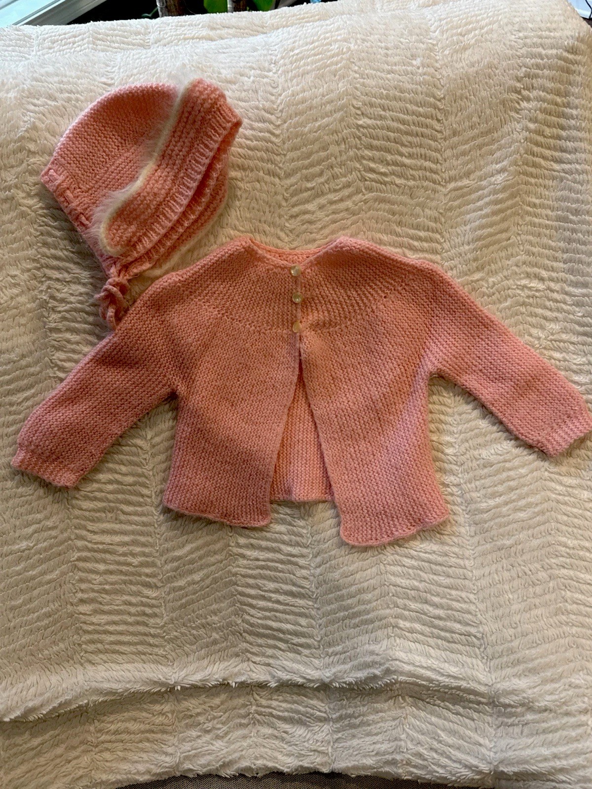 Handmade Baby Sweater & Hat Set Pink Knit Infant Cardigan Bonnet 0–6M
