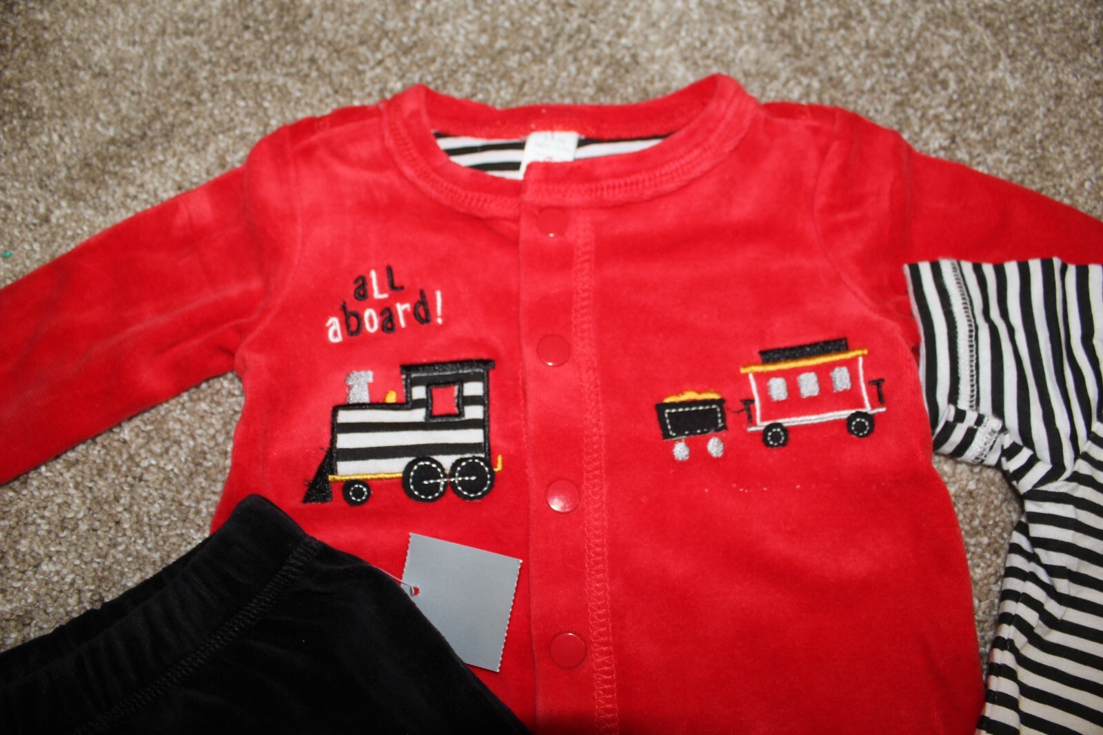First Impressions Black Red Train Velour 3pc Outfit Set Baby Boys 0-3 months NWT
