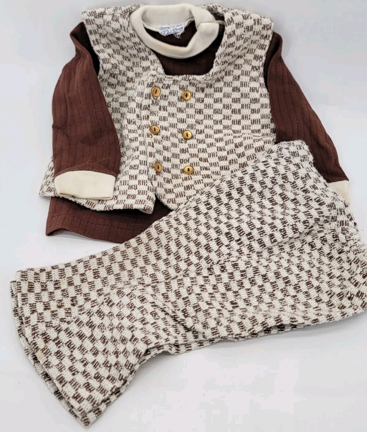 Doe Spun Brown White Check Outfit Vest Vtg 70s Made In The USA 18M Month