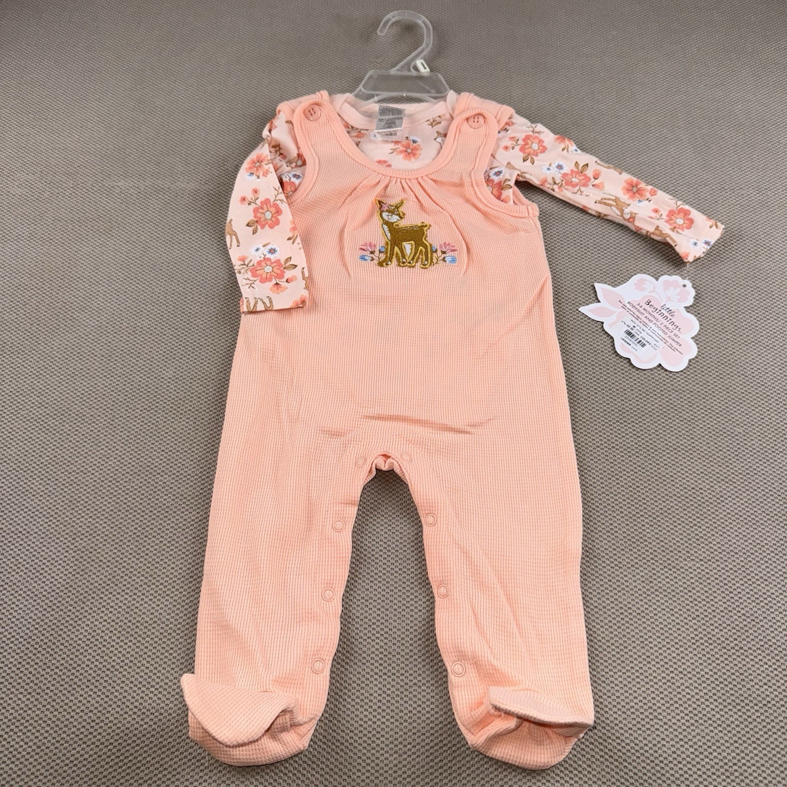 Little Beginnings 2 Piece Set Baby Girl 3-6months Peach Overalls, Deer & Flowers