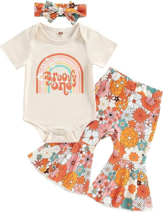Toddler Baby Girl Groovy Birthday Outfit 12-18M Romper Bell Bottoms