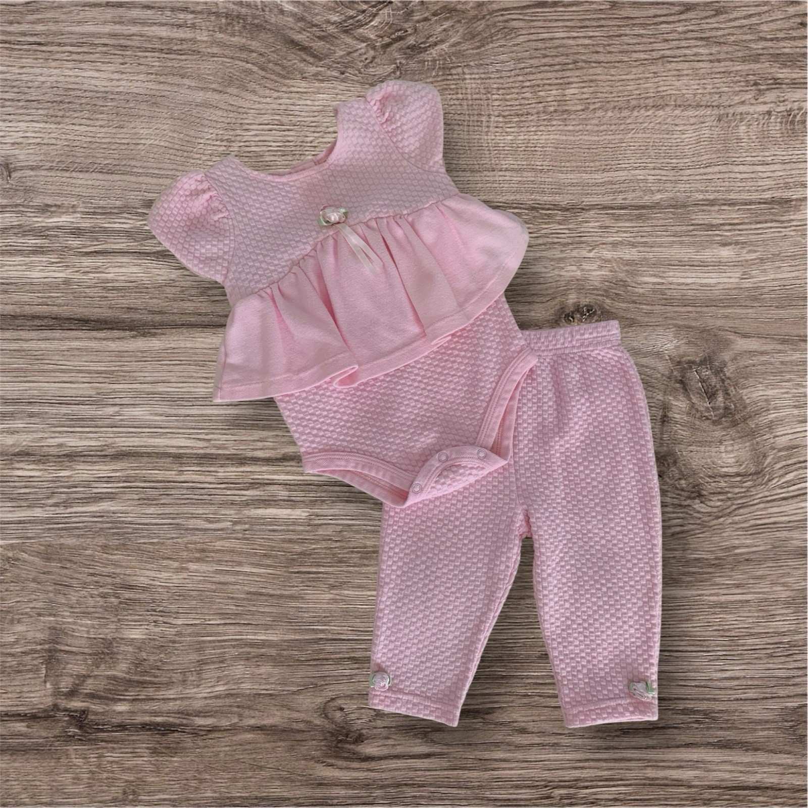 Vintage Skirted Bodysuit Pants Outfit Baby Girls 6-9 M Pink Set Textured Rose