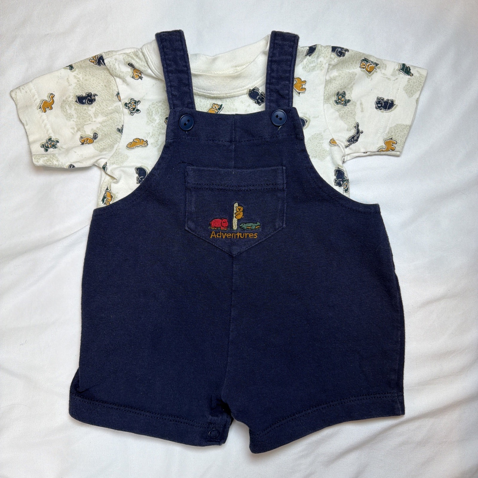 Vintage Carter’s Baby Boy Adventure Patterned Shirt Blue Shortalls 9-12 Months