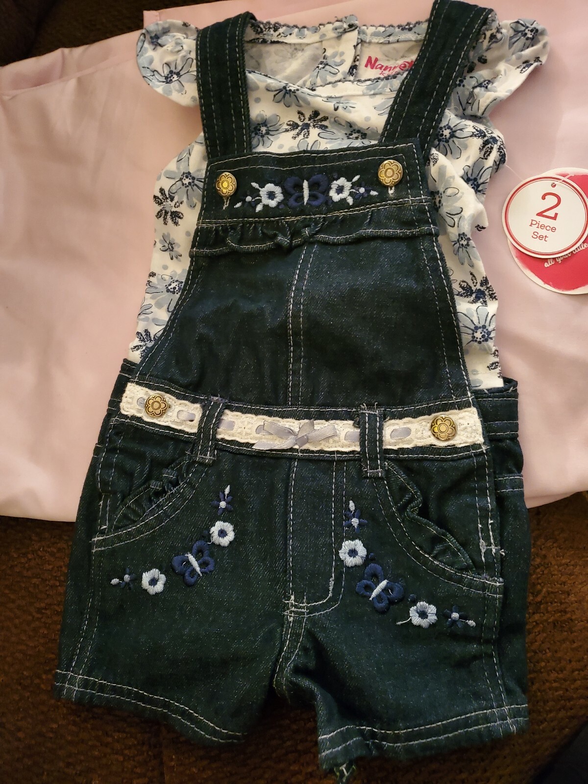Nannette Kids Brand Overall Denim Short Size 12 Months Blue & White Flower Print