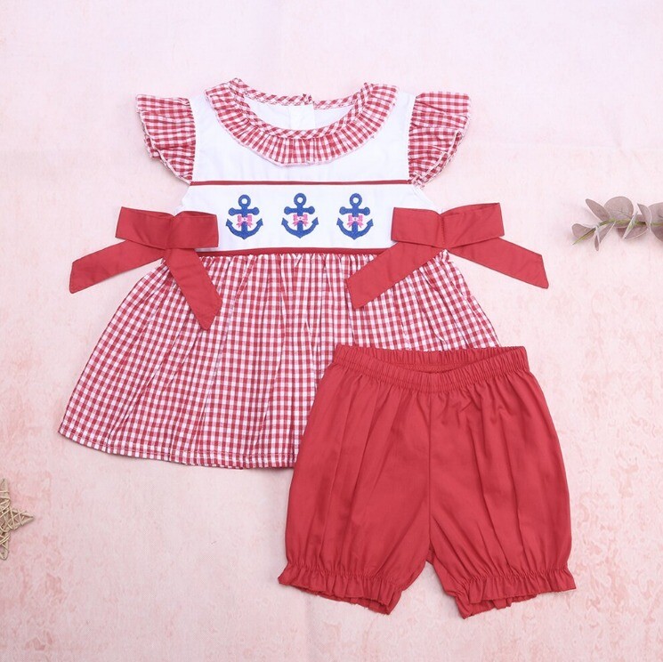 NEW Boutique Anchor Nautical Girls Red Gingham Tunic Shorts Outfit 4th of July