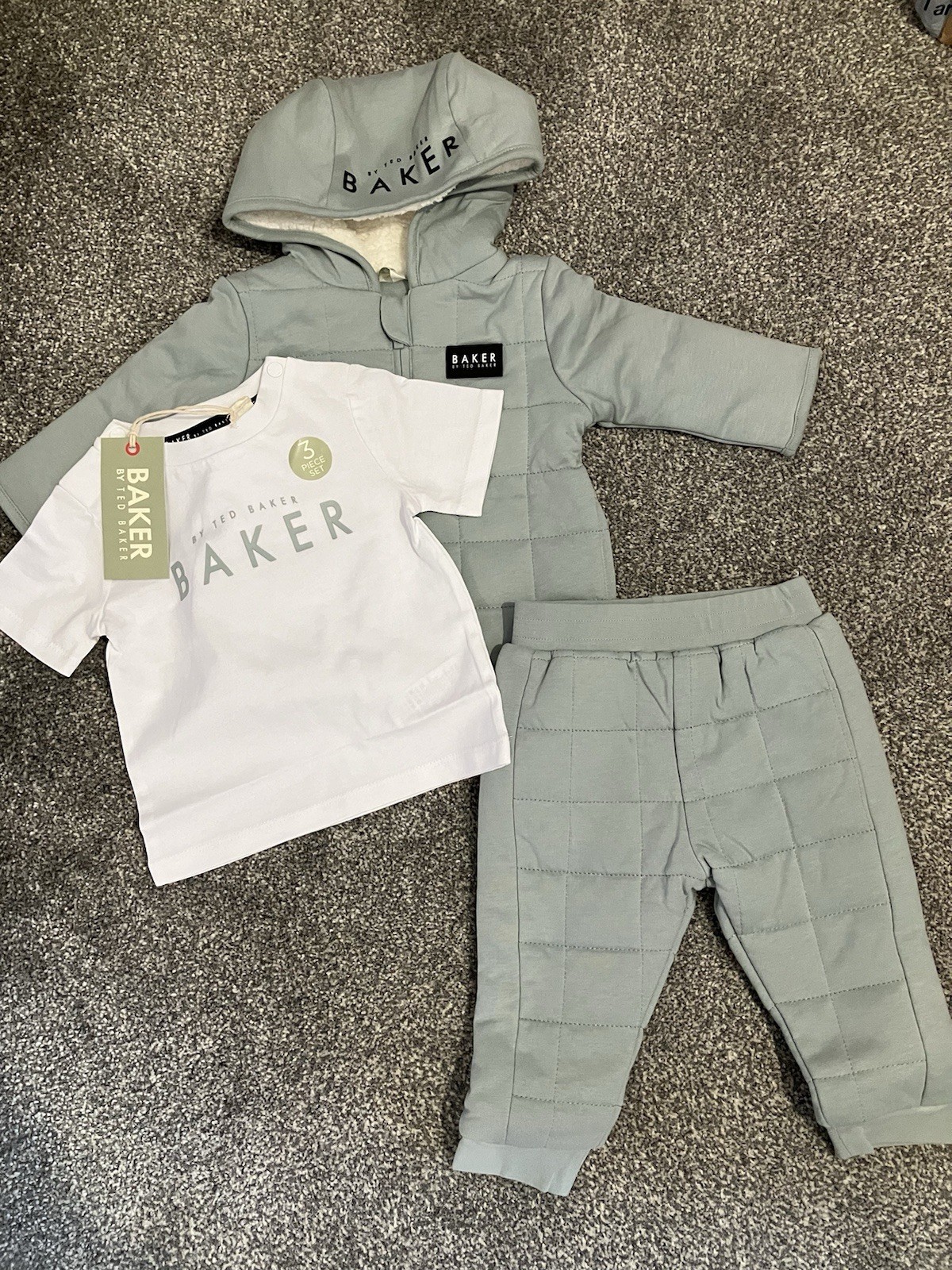 Ted Baker Baby Boys Quilted Jacket Jogger Tshirt 3 Piece Set Outfit 6-9 Months