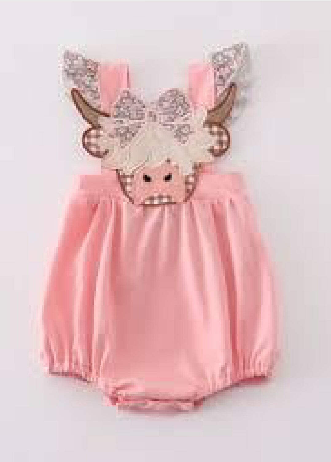 Girl’s Boutique Pink Highland Cow Applique Embroidered Embroidery Bubble Romper