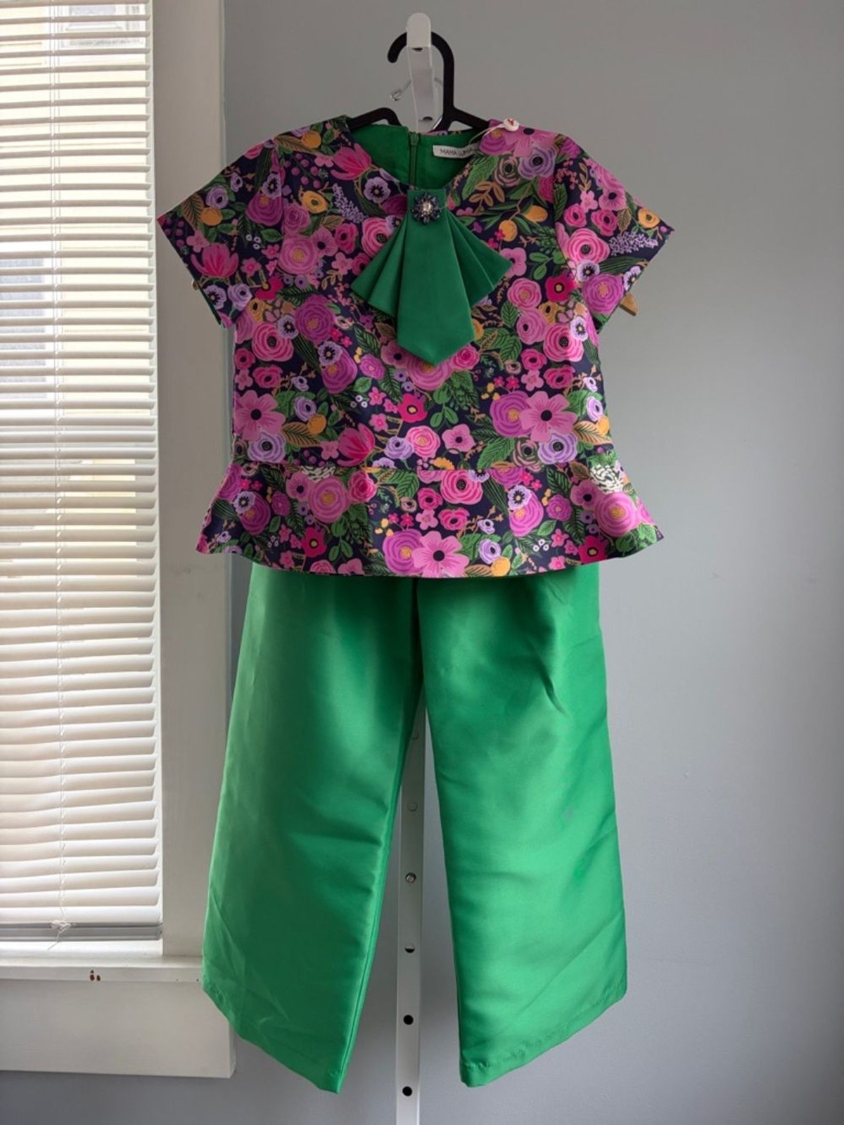 Mama luma girls boutique Green Floral Peplum Top with Matching Wide-Leg Pants