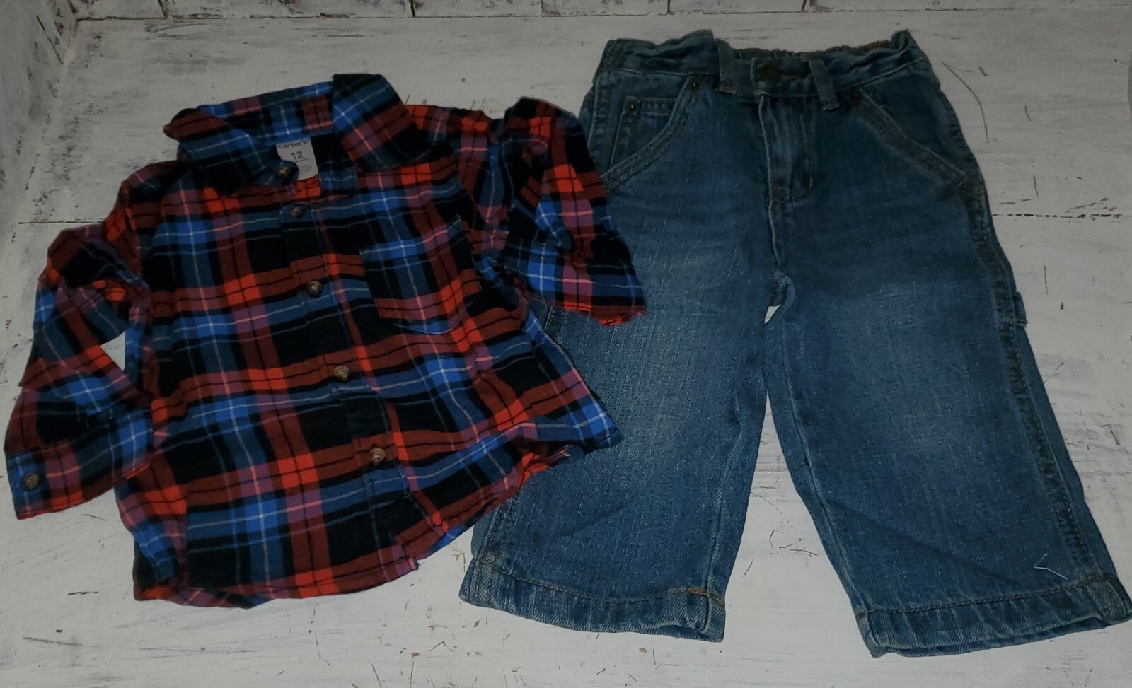 Cherokee Carpenter Blue Jeans 12 months Carter’s Red Plaid Flannel 6-12 Lot *W24