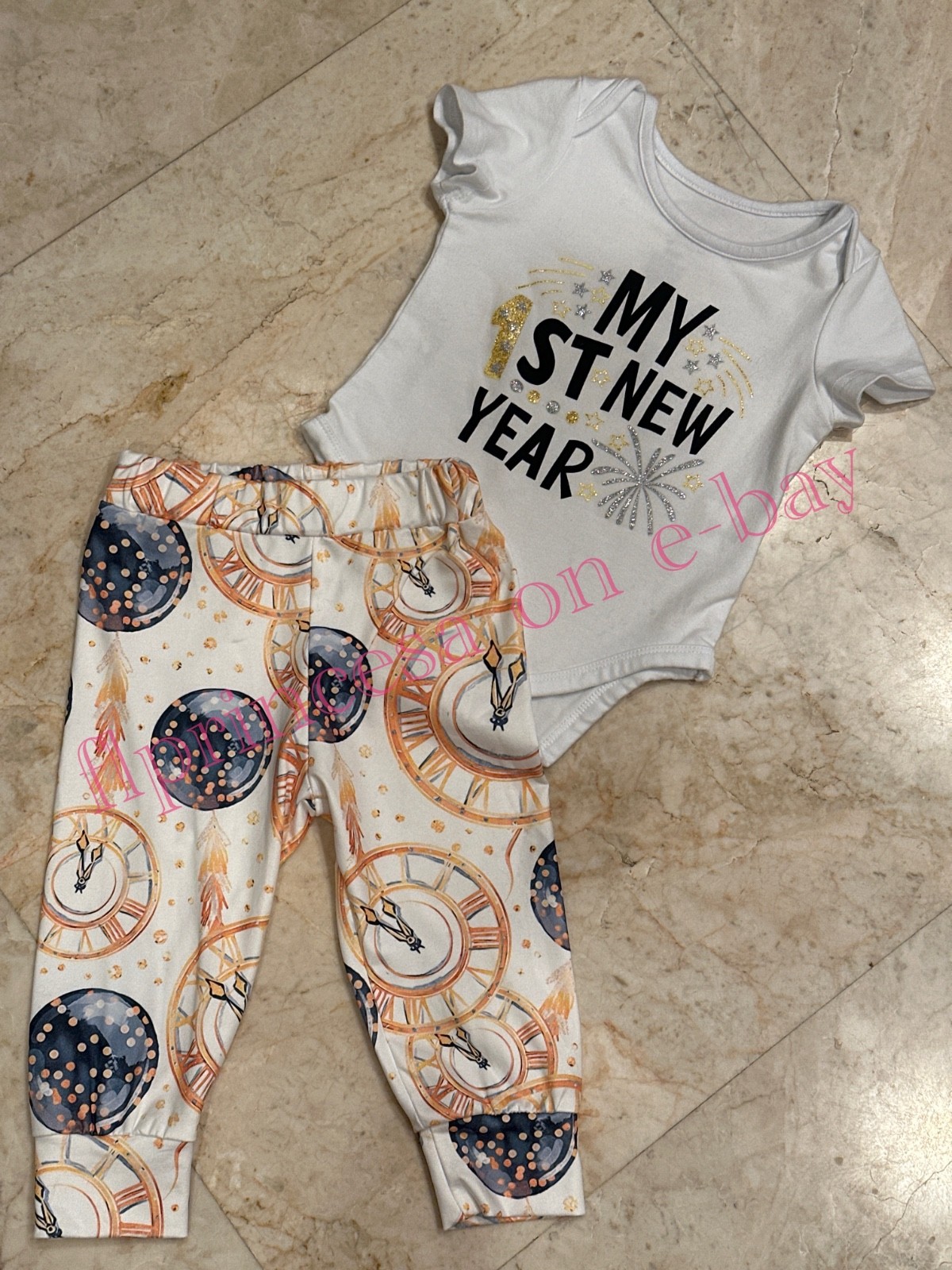 NWT UNIQUEBABY Baby 2-Piece Bodysuit + Pants Clock “My 1st New Year” Set, 9M
