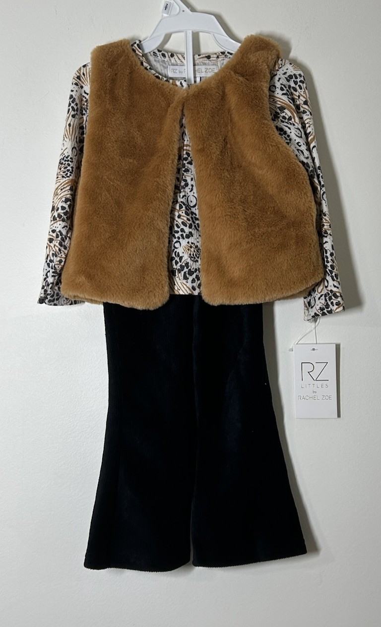 Rachel Zoe Toddler 2T Girls 3 Piece Outfit Pants L/S Shirt Fur Vest