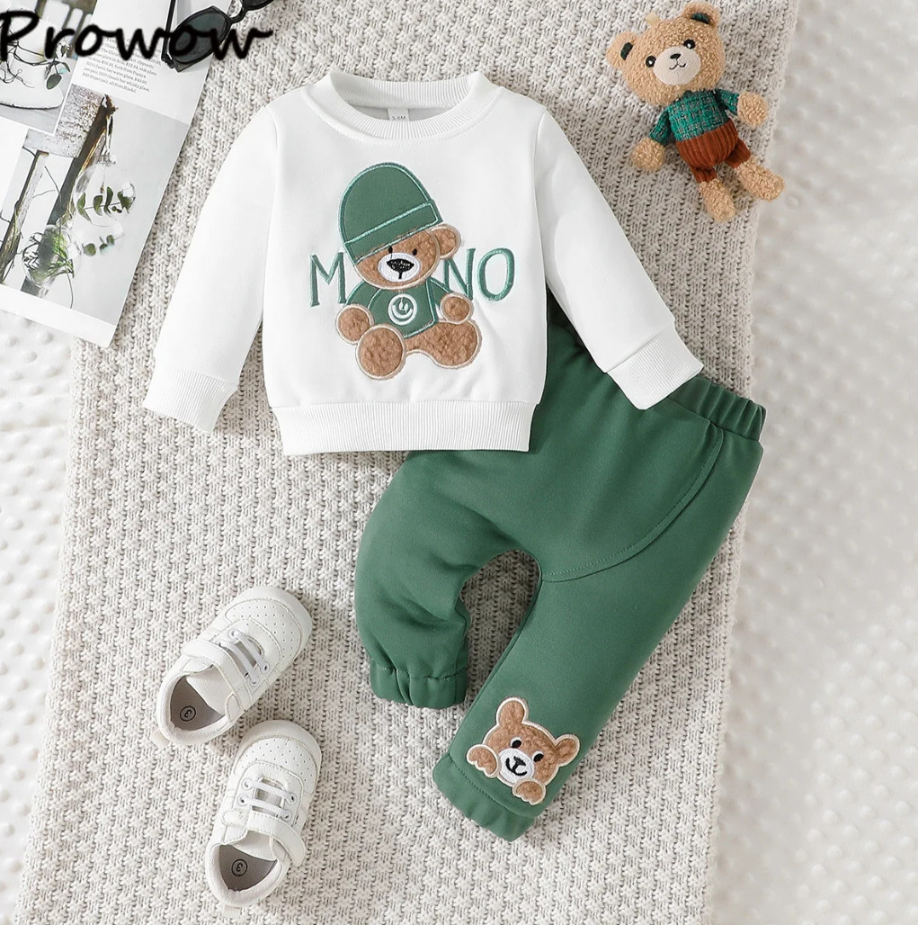 Baby Boy Green Winter Outfit Set Embroidery Letter Cartoon Bear Sweater Top Pant