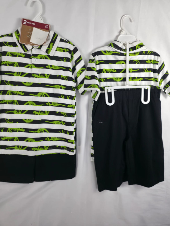 Boys Dino Outfit Set 2pc Polo Shirt & Shorts Toddler Green Dinosaur NWT 4-7