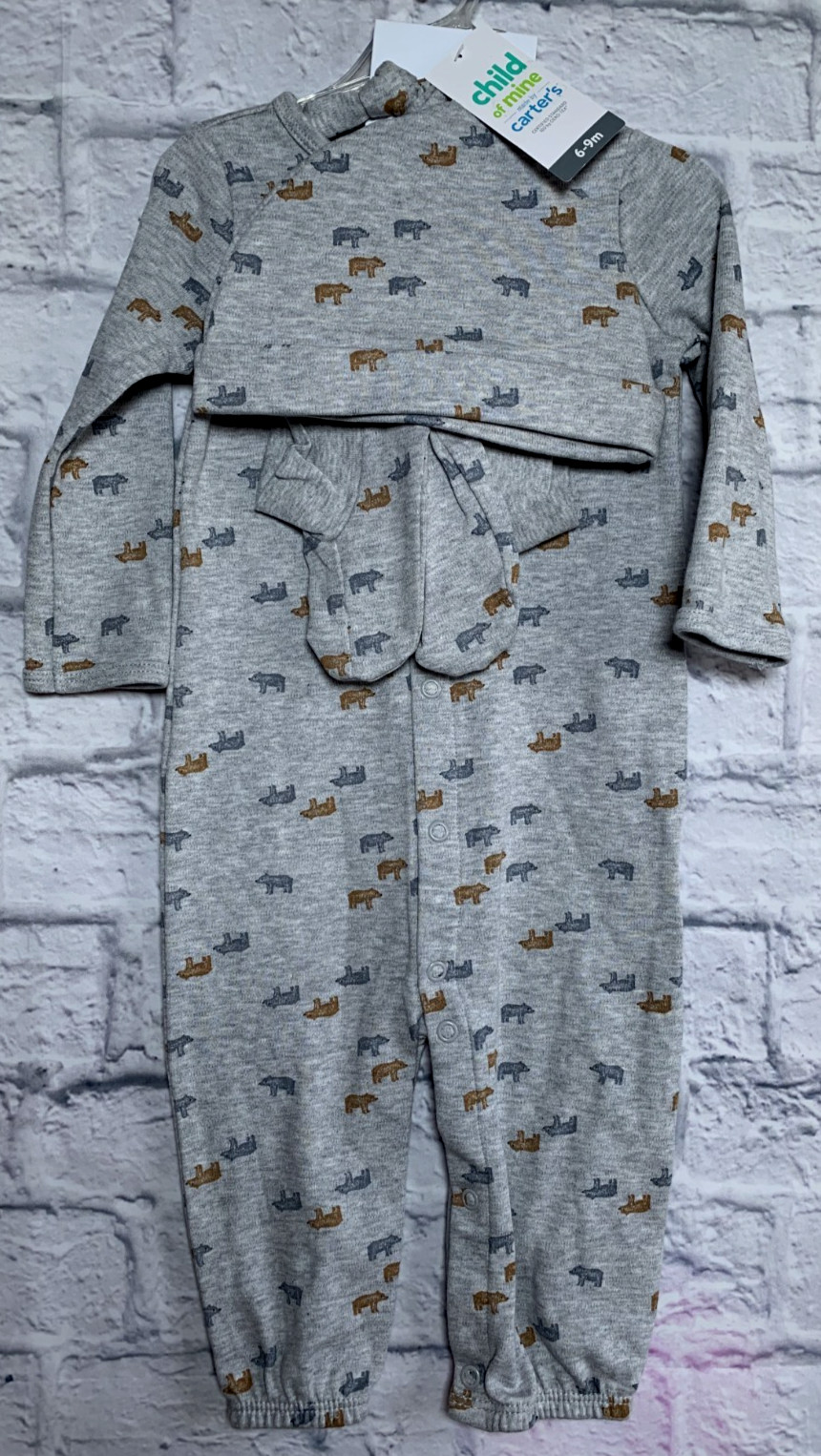 Carters Bear Print 3-piece Matching Set W/Snap Suit, Hat, & Booties 6-9M NWT.