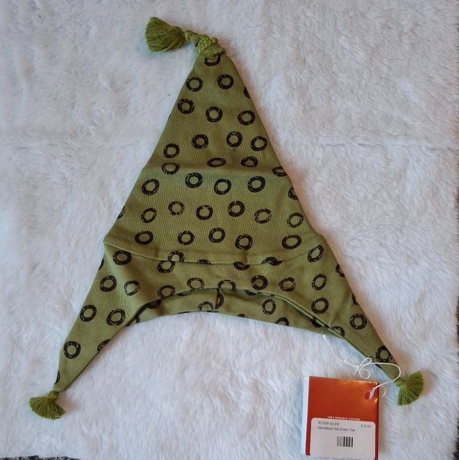 100% Organic Cotton Sckoon Kabuki Green Tea Hat Beanie w/tassels Baby 0-6 mo