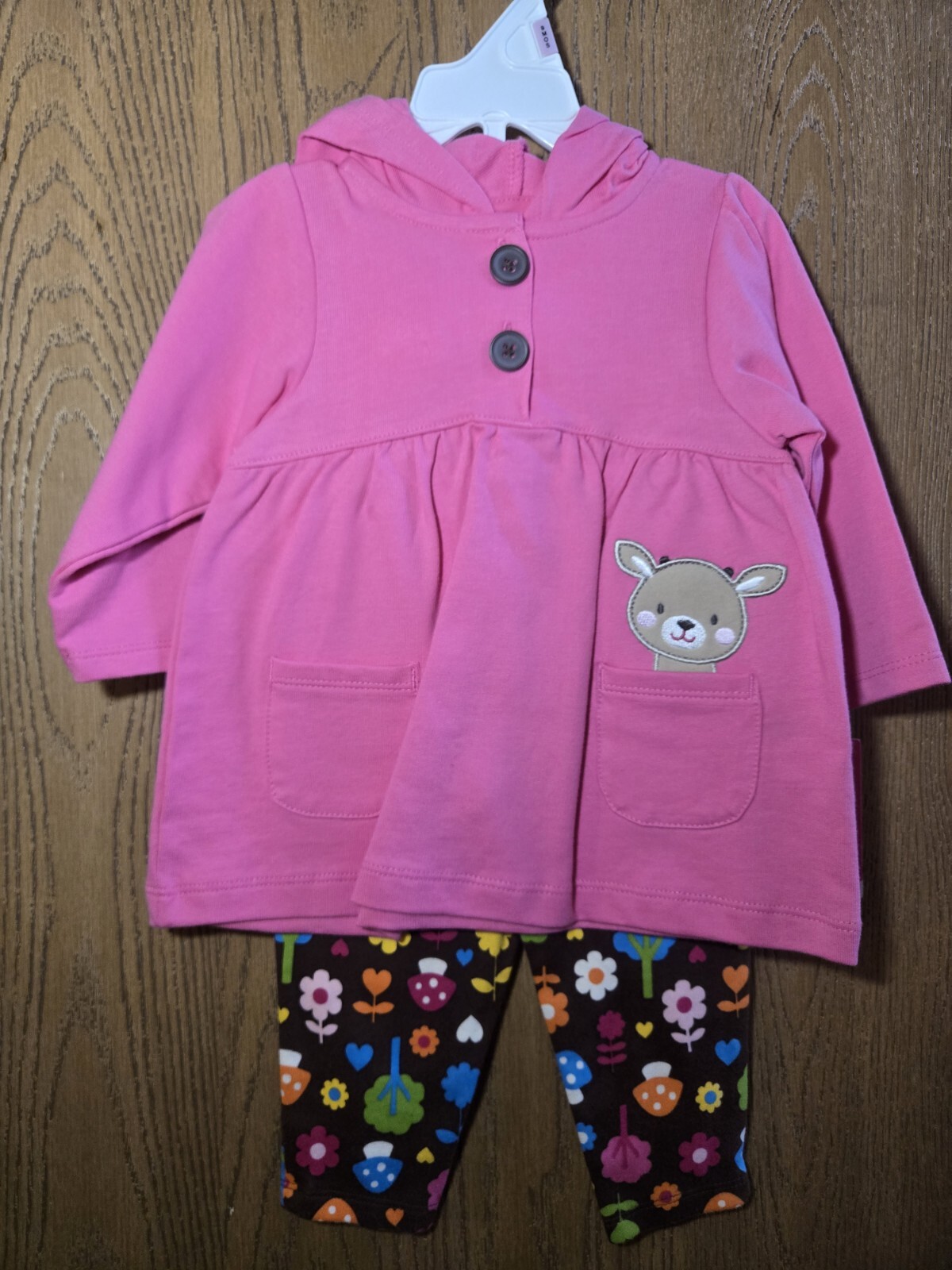 NWT Size 9M Carter’s 2pc outfit set pink hooded tunic shirt brown floral pants