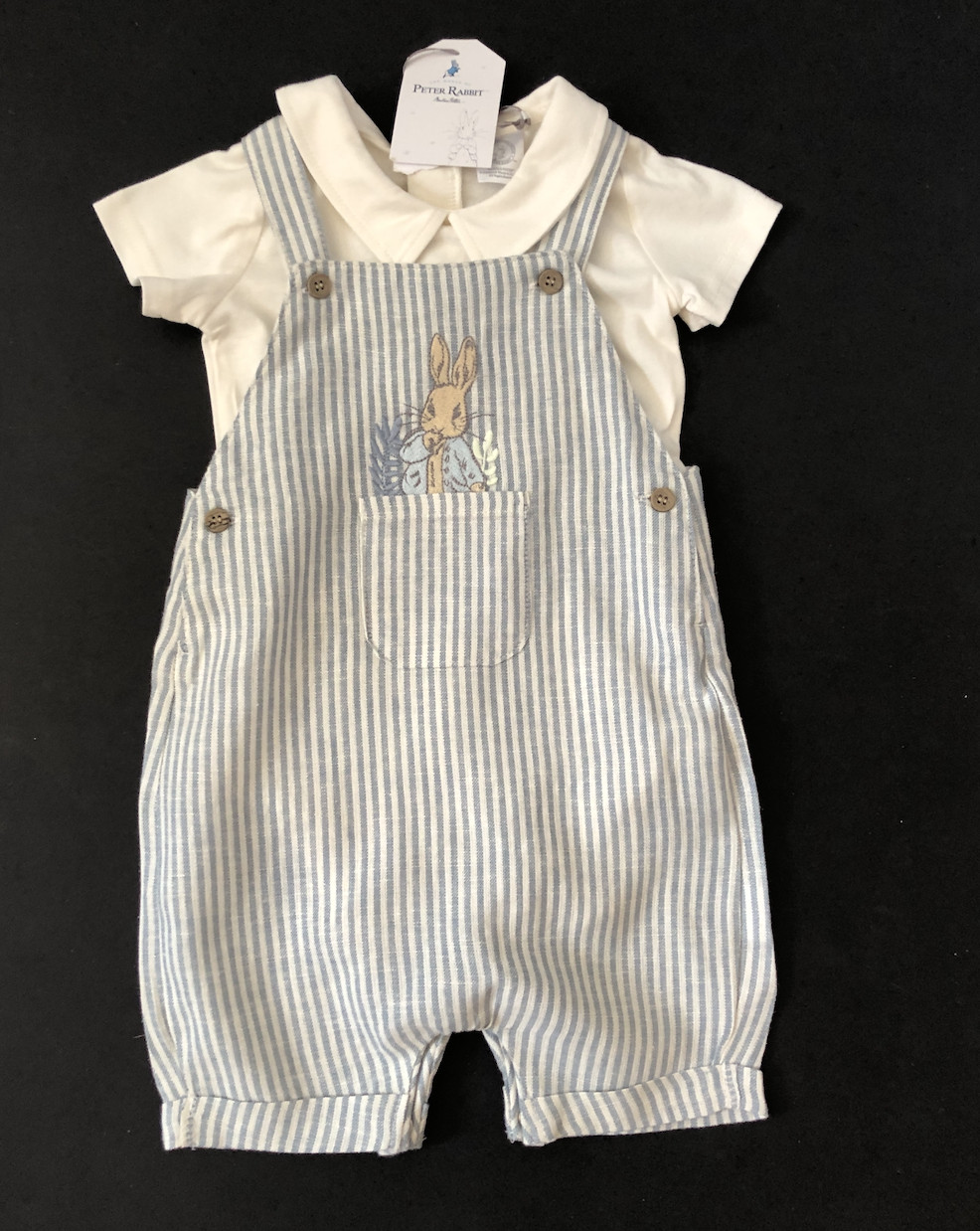 Baby Boys Peter Rabbit 2 Piece Blue Striped Dungaree Set 0/3 Months